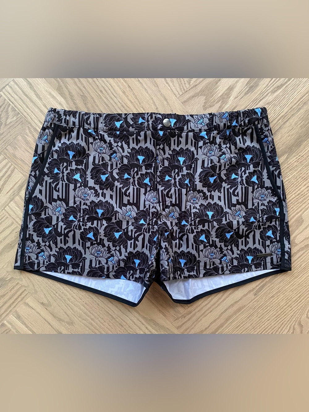 Parke & Ronen Black Floral Swim Shorts with Blue Highlights